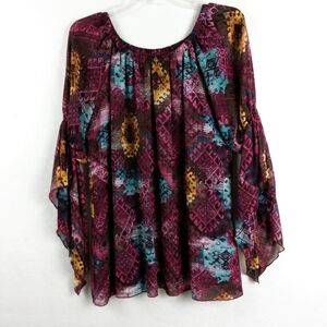 New Directions Women's Blouse Size L Long Sheer Flare Sleeves Pullover Lined Top